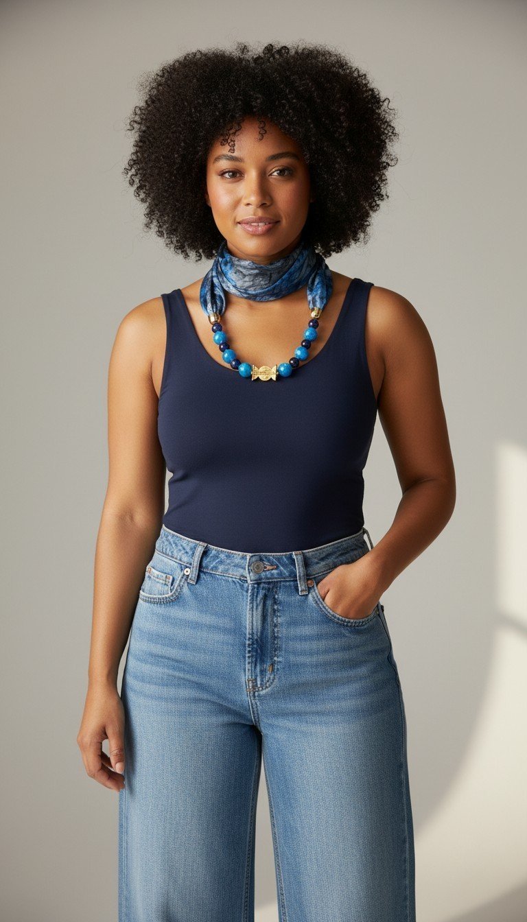 Foulard-collier bleu batik (semi soie)
